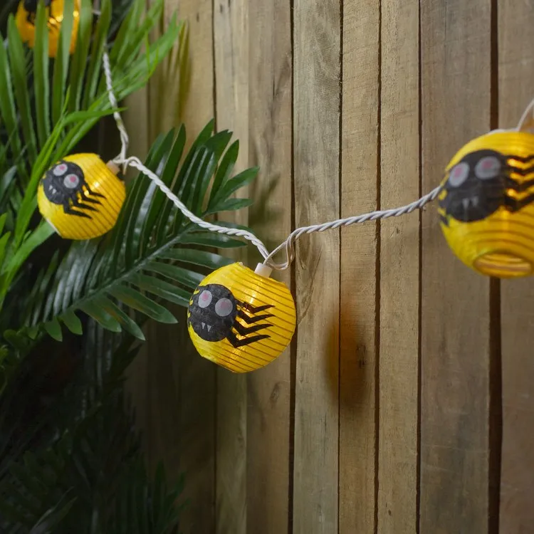 10-Count Yellow and Black Spider Paper Lantern Halloween Lights with 8.5' White Wire